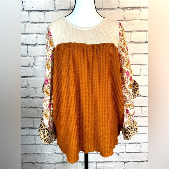 Umgee Boho Floral Animal Print Top Peasant Top Oversized Size Medium - Picture 1 of 8